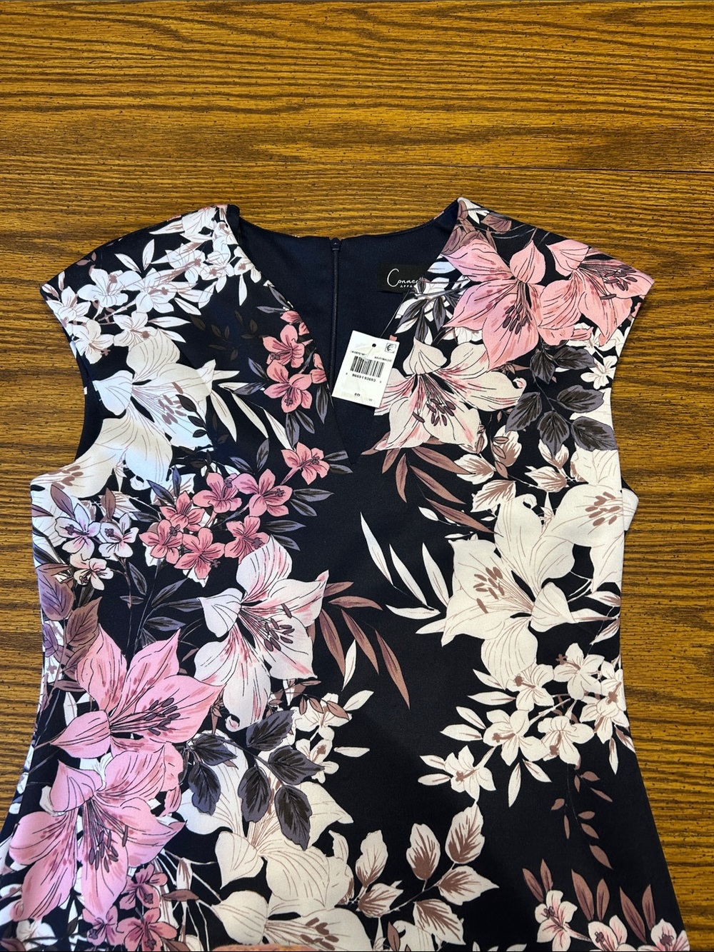NEW ! connected apparel Black Floral Cap-Sleeve Dress with Pink and Cream Blooms